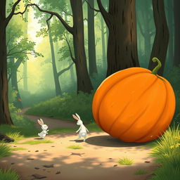 In a delightful morning scene along a forest path, a small white rabbit is walking behind as a large pumpkin rolls forward on its side