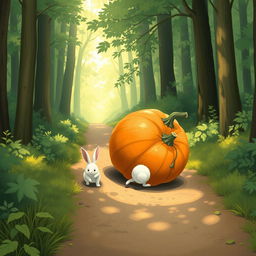 In a delightful morning scene along a forest path, a small white rabbit is walking behind as a large pumpkin rolls forward on its side