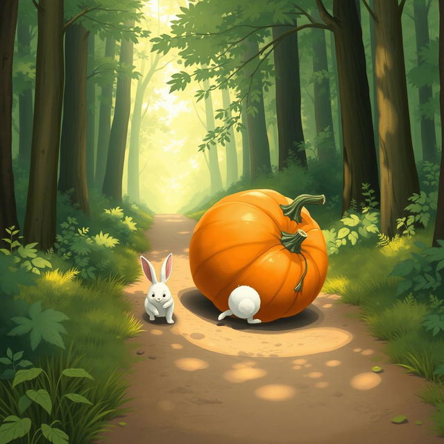 In a delightful morning scene along a forest path, a small white rabbit is walking behind as a large pumpkin rolls forward on its side