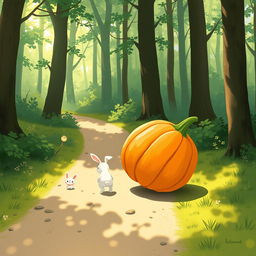 In a delightful morning scene along a forest path, a small white rabbit is walking behind as a large pumpkin rolls forward on its side