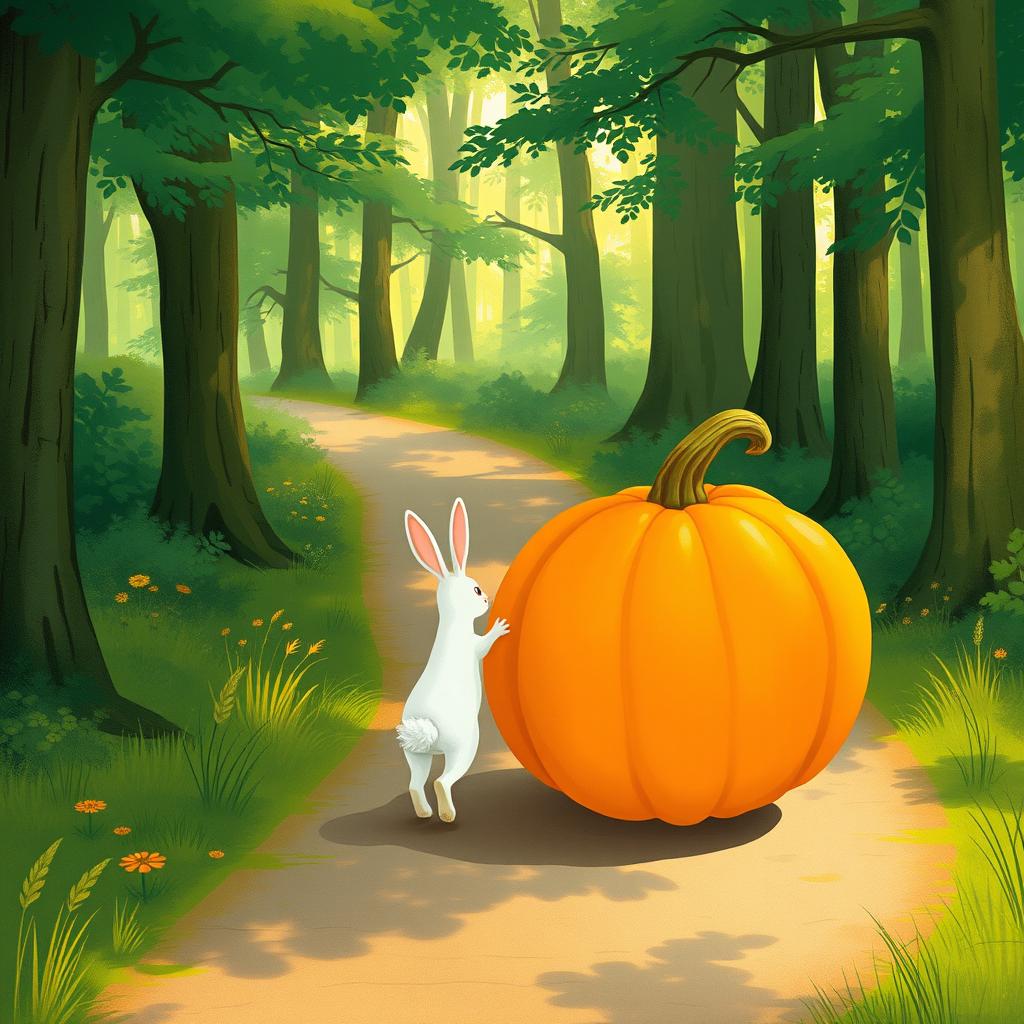 In a delightful morning scene along a forest path, a small white rabbit is walking behind as a large pumpkin rolls forward on its side