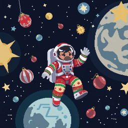 A pixel art representation of an astronaut floating in a dark deep space scene, captured in a dynamic pose