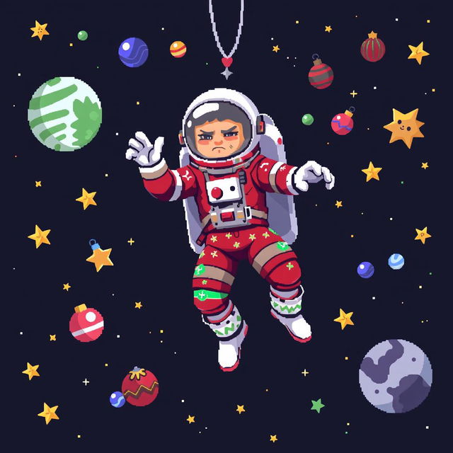 A pixel art representation of an astronaut floating in a dark deep space scene, captured in a dynamic pose