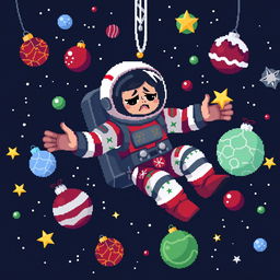 A pixel art representation of an astronaut floating in a dark deep space scene, captured in a dynamic pose