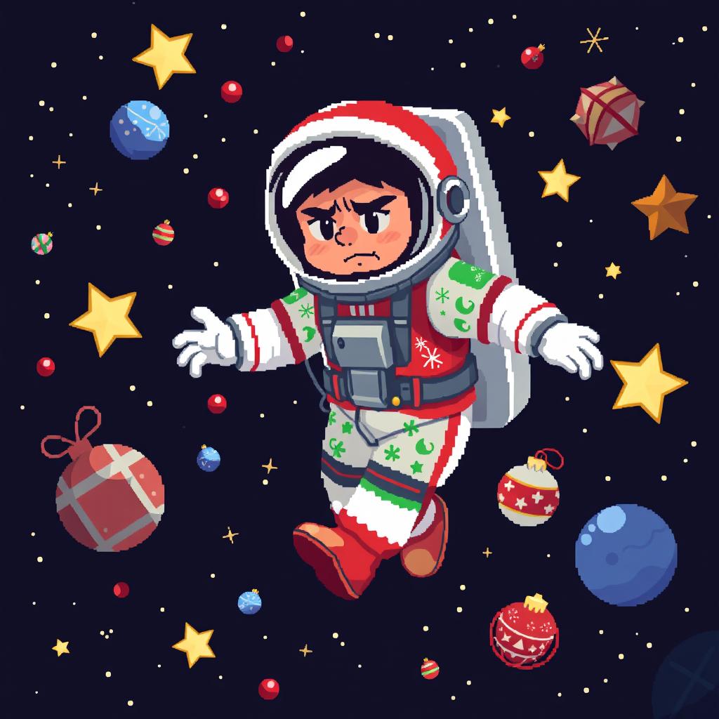 A pixel art representation of an astronaut floating in a dark deep space scene, captured in a dynamic pose