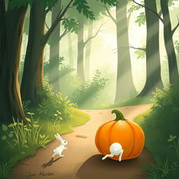 In a charming morning scene along a forest path, a small white rabbit is following behind as a large pumpkin rolls ahead of it