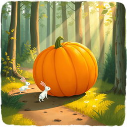 In a charming morning scene along a forest path, a small white rabbit is following behind as a large pumpkin rolls ahead of it