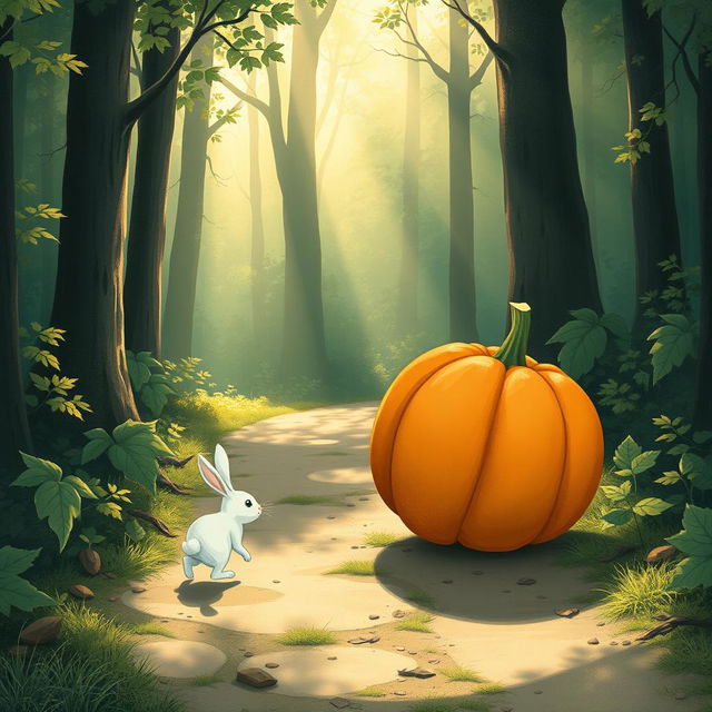 In a charming morning scene along a forest path, a small white rabbit is following behind as a large pumpkin rolls ahead of it