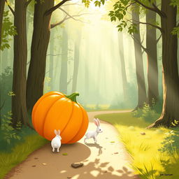 In a charming morning scene along a forest path, a small white rabbit is following behind as a large pumpkin rolls ahead of it