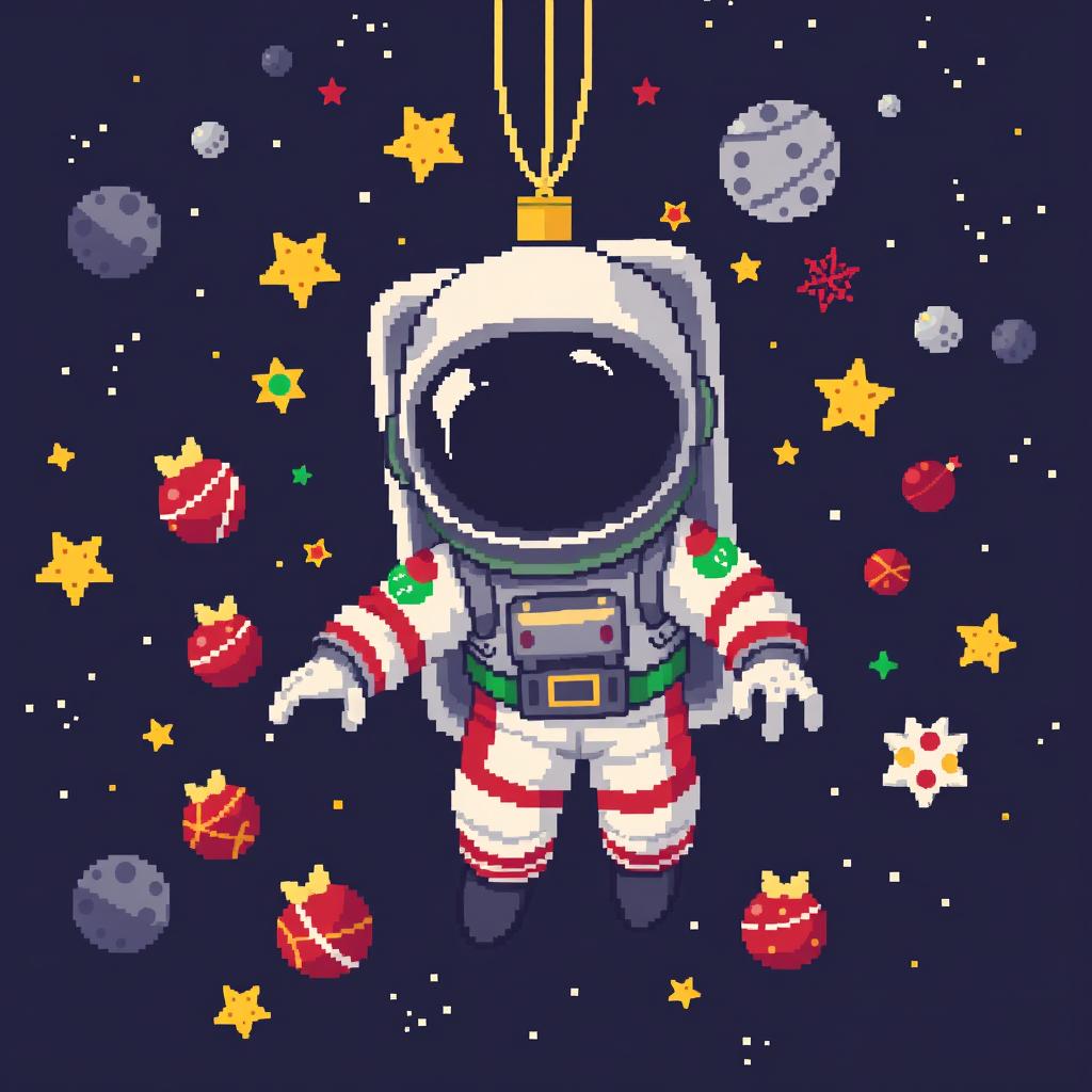 A pixel art depiction of an astronaut floating in outer space with a dynamic pose, expressing a sense of melancholy