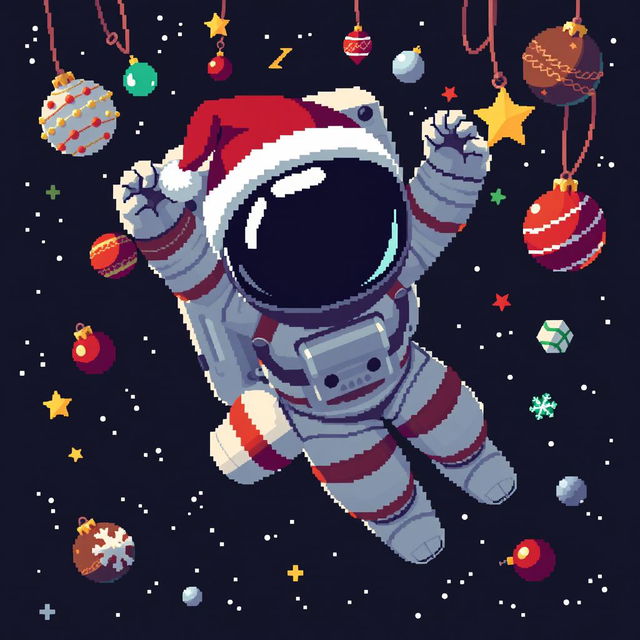 A pixel art depiction of an astronaut floating in outer space with a dynamic pose, expressing a sense of melancholy