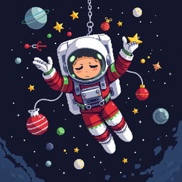 A pixel art depiction of an astronaut floating in outer space with a dynamic pose, expressing a sense of melancholy