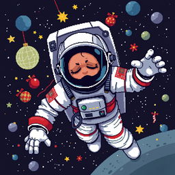 A pixel art depiction of an astronaut floating in outer space with a dynamic pose, expressing a sense of melancholy