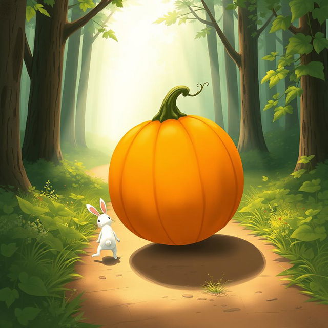 In a delightful morning scene along a forest path, a small white rabbit is walking behind as a large pumpkin rolls forward like a wheel