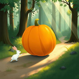 In a delightful morning scene along a forest path, a small white rabbit is walking behind as a large pumpkin rolls forward like a wheel