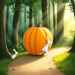 In a delightful morning scene along a forest path, a small white rabbit is walking behind as a large pumpkin rolls forward like a wheel