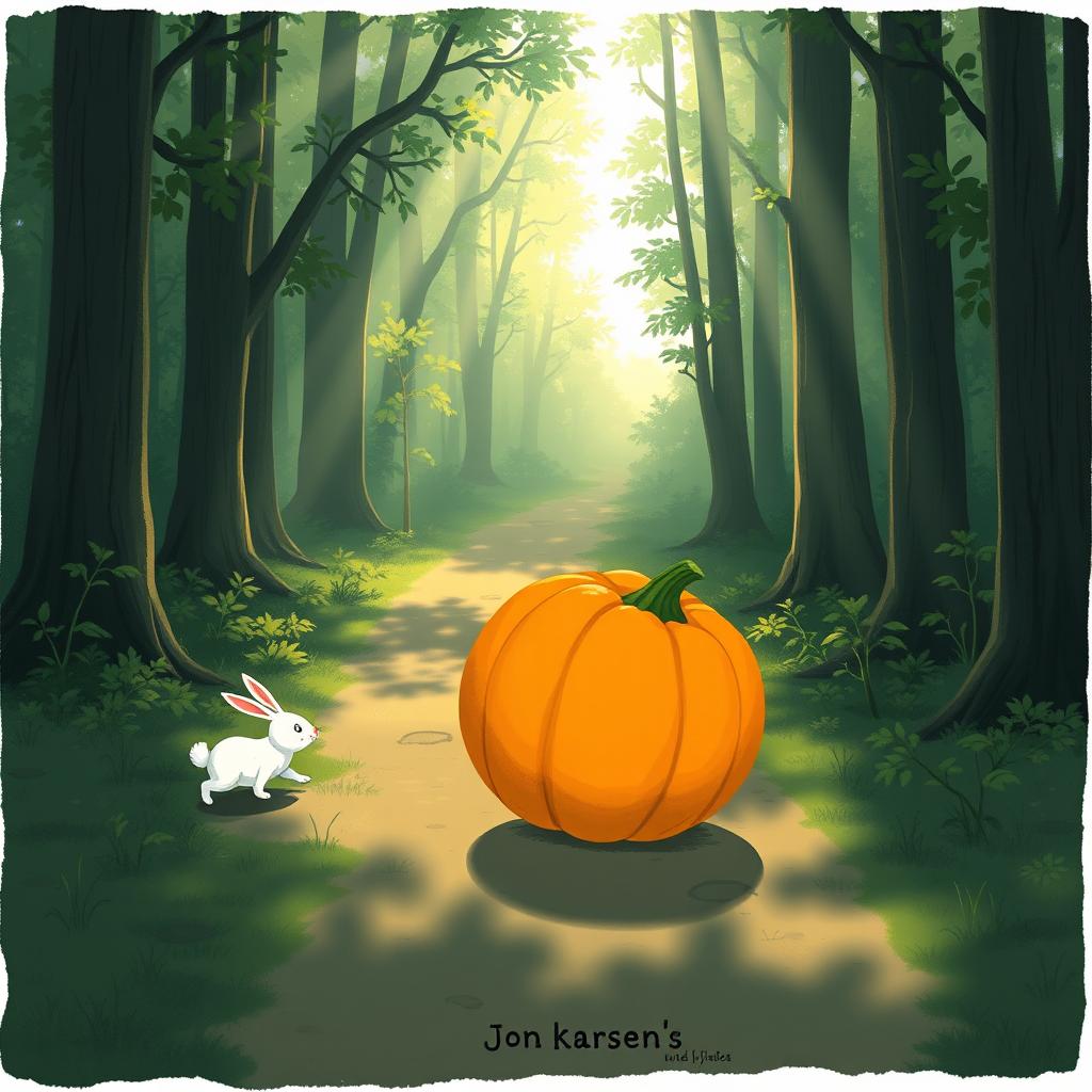 In a delightful morning scene along a forest path, a small white rabbit is walking behind as a large pumpkin rolls forward like a wheel