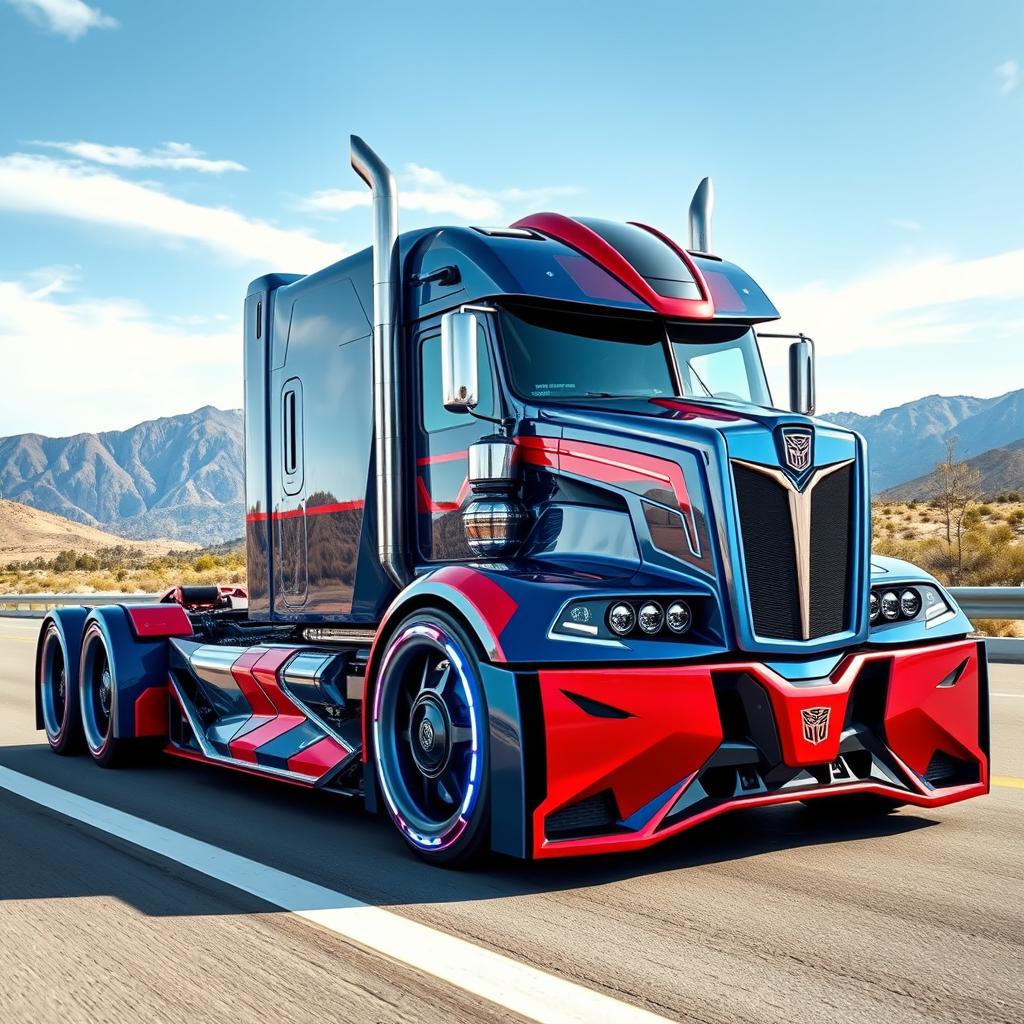 A cutting-edge, futuristic custom semi-truck inspired by Optimus Prime, showcasing its massive sleek design and bold features