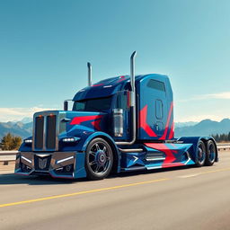 A cutting-edge, futuristic custom semi-truck inspired by Optimus Prime, showcasing its massive sleek design and bold features