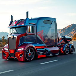 A cutting-edge, futuristic custom semi-truck inspired by Optimus Prime, showcasing its massive sleek design and bold features