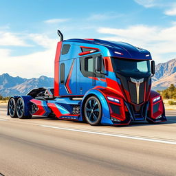 A cutting-edge, futuristic custom semi-truck inspired by Optimus Prime, showcasing its massive sleek design and bold features
