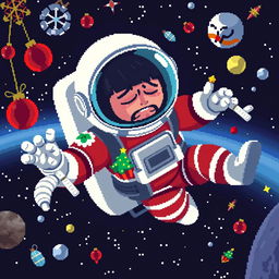 A pixel art depiction of an astronaut floating in outer space in a dynamic pose, radiating a feeling of depression and disdain for Christmas