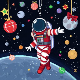 A pixel art depiction of an astronaut floating in outer space in a dynamic pose, radiating a feeling of depression and disdain for Christmas