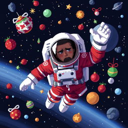 A pixel art depiction of an astronaut floating in outer space in a dynamic pose, radiating a feeling of depression and disdain for Christmas