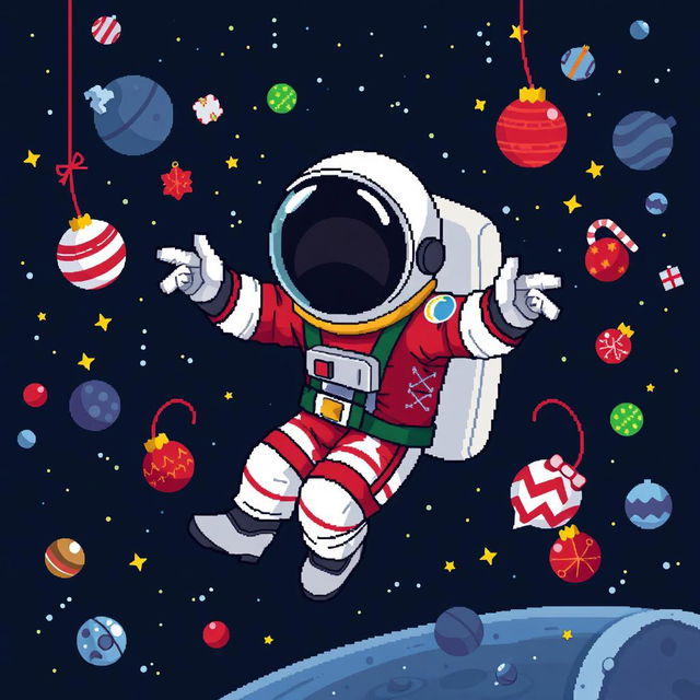 A pixel art depiction of an astronaut floating in outer space in a dynamic pose, radiating a feeling of depression and disdain for Christmas