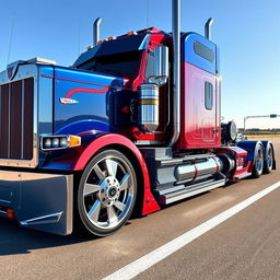 A highly detailed, custom-designed semi-truck inspired by Optimus Prime, showcasing cutting-edge features and futuristic elements