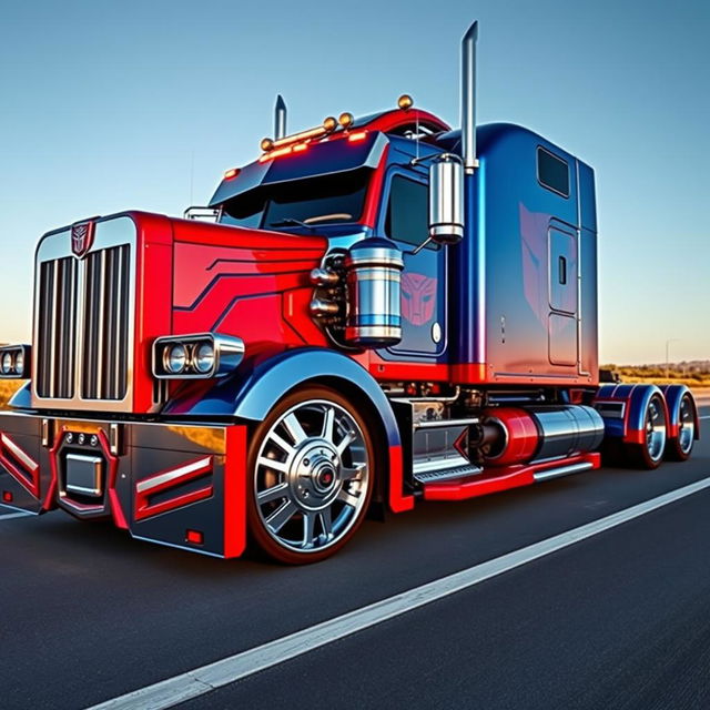 A highly detailed, custom-designed semi-truck inspired by Optimus Prime, showcasing cutting-edge features and futuristic elements