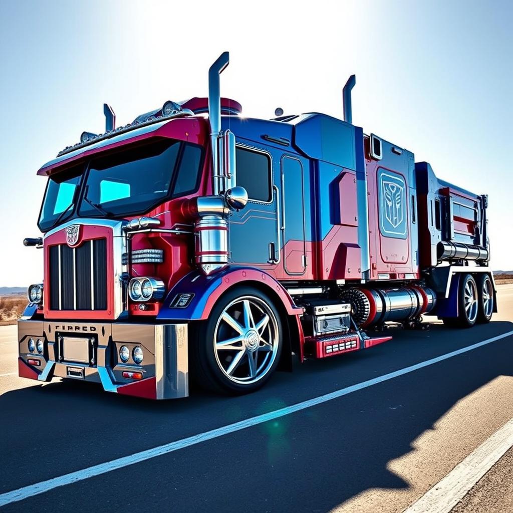 A highly detailed, custom-designed semi-truck inspired by Optimus Prime, showcasing cutting-edge features and futuristic elements