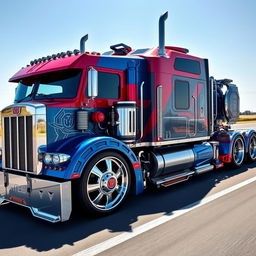 A highly detailed, custom-designed semi-truck inspired by Optimus Prime, showcasing cutting-edge features and futuristic elements