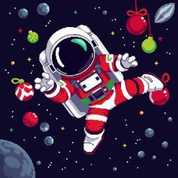 A pixel art representation of an astronaut floating in outer space, captured in a dynamic pose with the face concealed under the helmet, reflecting realistic proportions rather than a cartoonish style