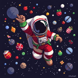 A pixel art representation of an astronaut floating in outer space, captured in a dynamic pose with the face concealed under the helmet, reflecting realistic proportions rather than a cartoonish style