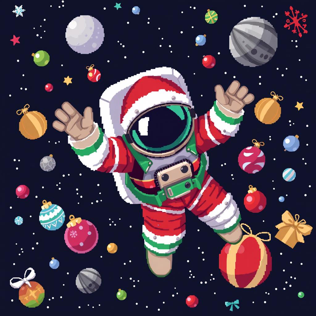 A pixel art representation of an astronaut floating in outer space, captured in a dynamic pose with the face concealed under the helmet, reflecting realistic proportions rather than a cartoonish style