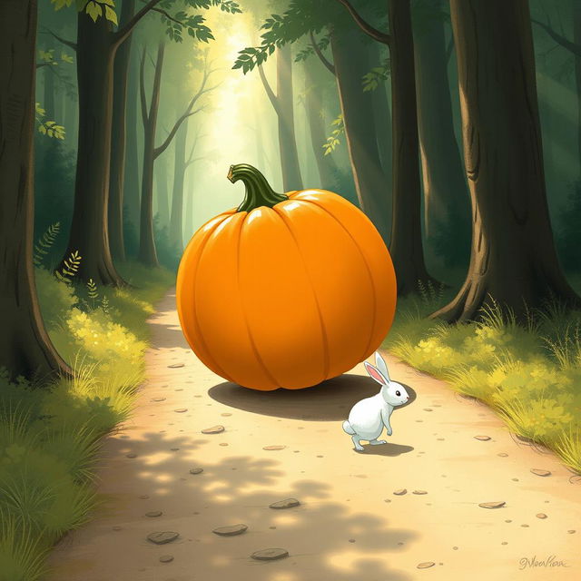 In a serene morning scene along a forest path, a small white rabbit is walking behind a large pumpkin that is rolling on its side, tilted upwards