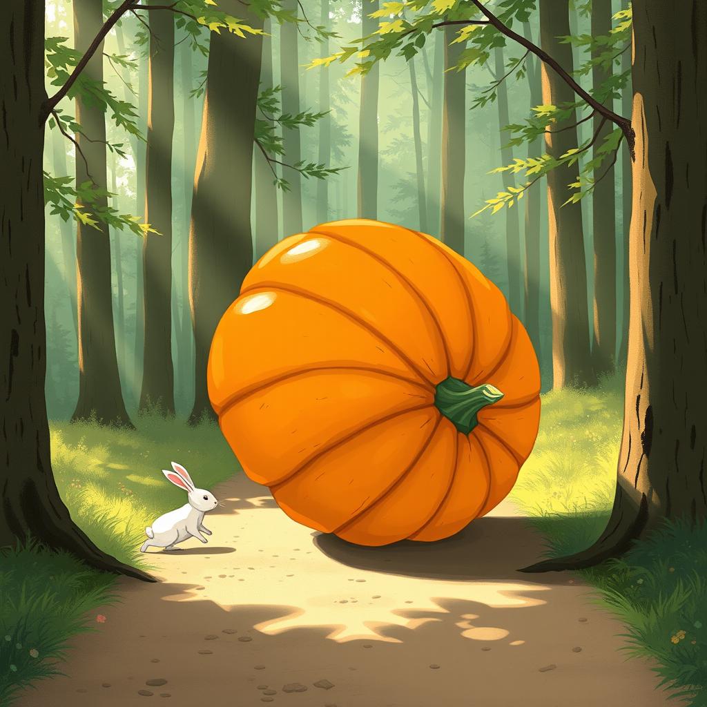 In a serene morning scene along a forest path, a small white rabbit is walking behind a large pumpkin that is rolling on its side, tilted upwards