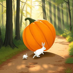 In a serene morning scene along a forest path, a small white rabbit is walking behind a large pumpkin that is rolling on its side, tilted upwards