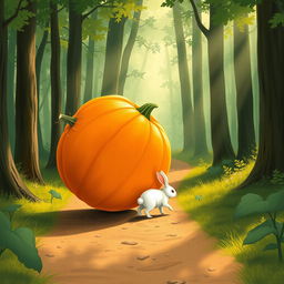 In a serene morning scene along a forest path, a small white rabbit is walking behind a large pumpkin that is rolling on its side, tilted upwards