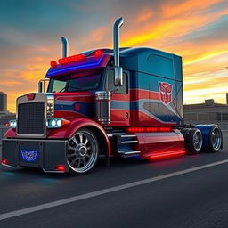 A highly detailed custom semi-truck inspired by Optimus Prime, showcasing cutting-edge design elements such as futuristic rims and wheels