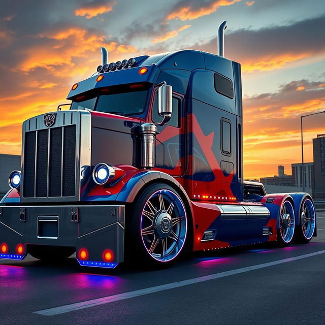 A highly detailed custom semi-truck inspired by Optimus Prime, showcasing cutting-edge design elements such as futuristic rims and wheels