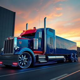A highly detailed custom semi-truck inspired by Optimus Prime, showcasing cutting-edge design elements such as futuristic rims and wheels