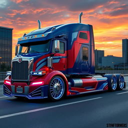 A highly detailed custom semi-truck inspired by Optimus Prime, showcasing cutting-edge design elements such as futuristic rims and wheels