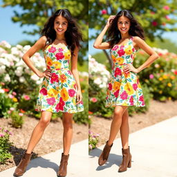 A stylish and fashionable mini dress, with a vibrant floral pattern in bright colors, made from lightweight fabric