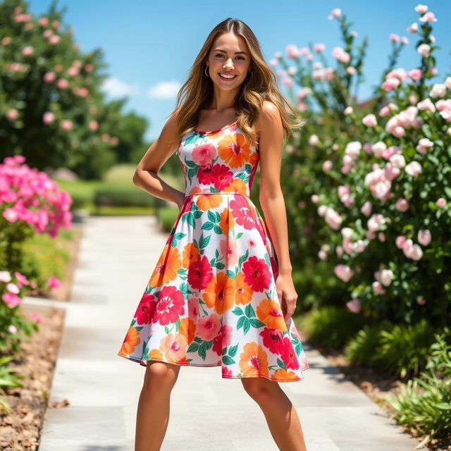 A stylish and fashionable mini dress, with a vibrant floral pattern in bright colors, made from lightweight fabric