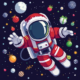 A pixel art representation of an astronaut floating in outer space in a dynamic pose, with the face hidden beneath the helmet, showcasing realistic proportions including five fingers