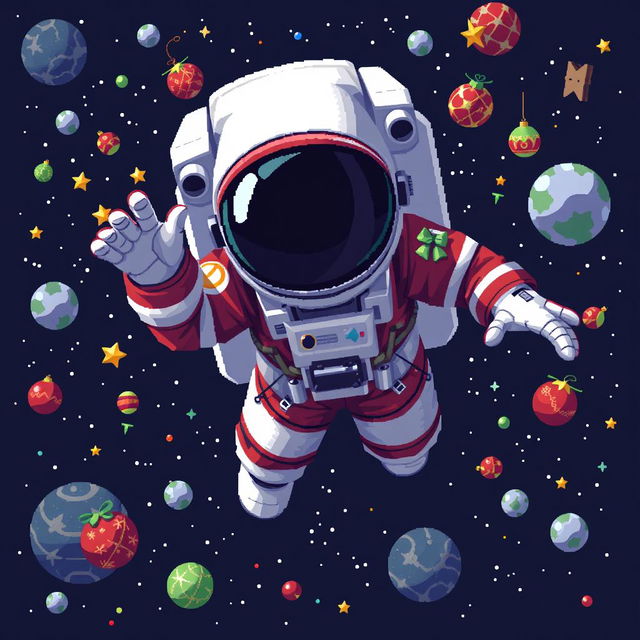 A pixel art representation of an astronaut floating in outer space in a dynamic pose, with the face hidden beneath the helmet, showcasing realistic proportions including five fingers