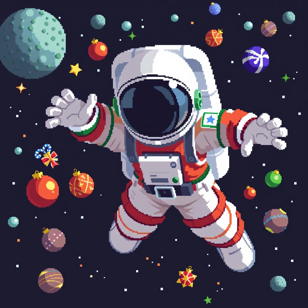 A pixel art representation of an astronaut floating in outer space in a dynamic pose, with the face hidden beneath the helmet, showcasing realistic proportions including five fingers