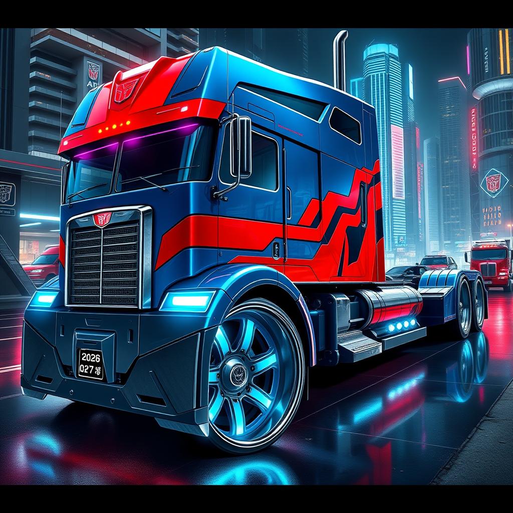 A highly detailed concept art of a futuristic 2026 Optimus Prime semi-truck, featuring custom cutting-edge rims and wheels that showcase advanced technology and design